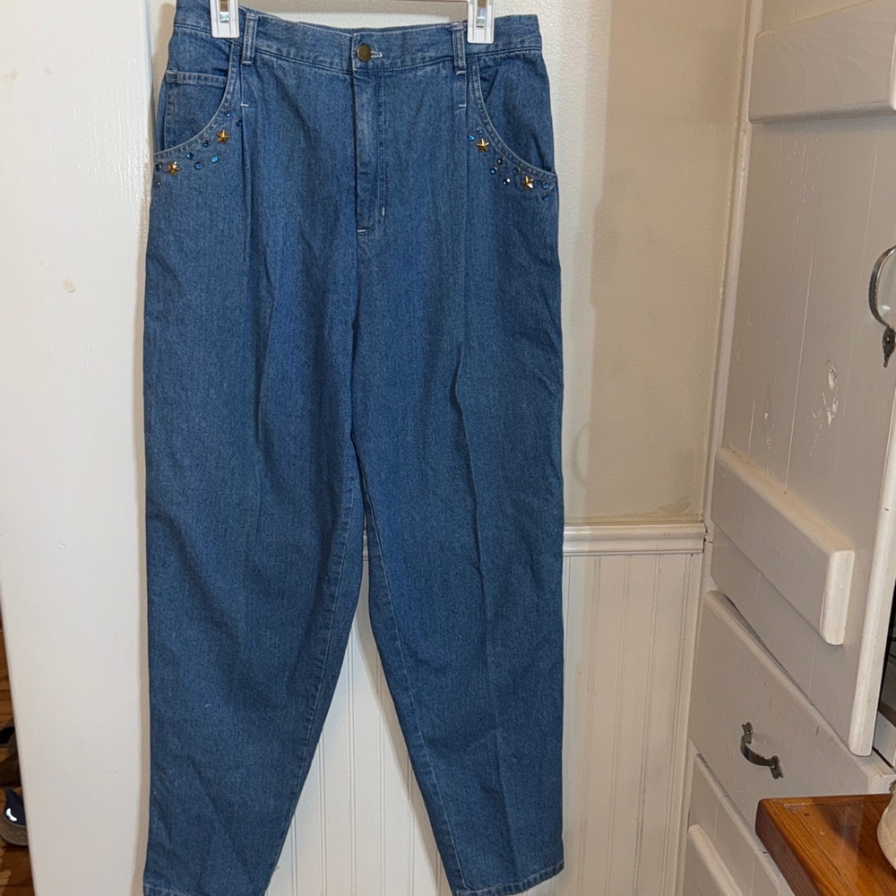 Vintage 80s Blue Denim Jeans with stars and jewels. 100% cotton - Picture 2 of 4